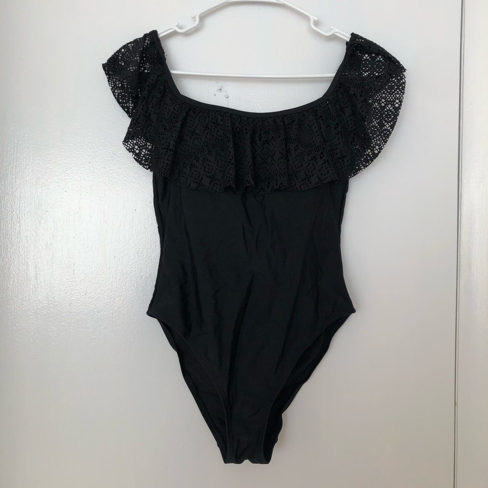 Black ruffle one piece bathing suit